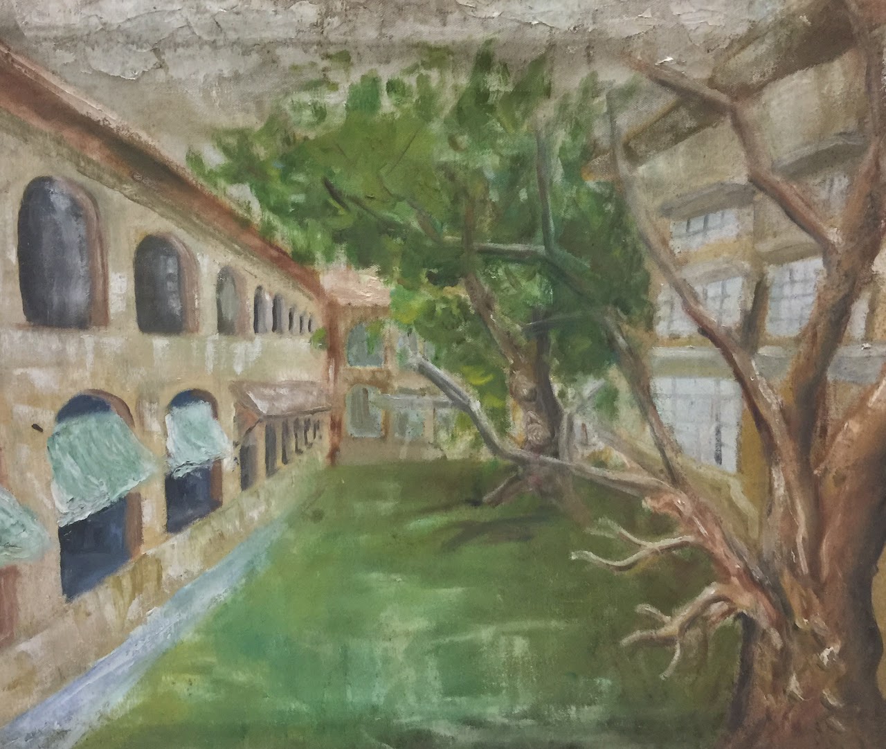 ''Building with tree and people"
